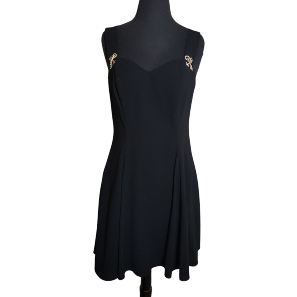 CDC evening black dress women's size 10 sleeveless fit & flare rhinestone detail